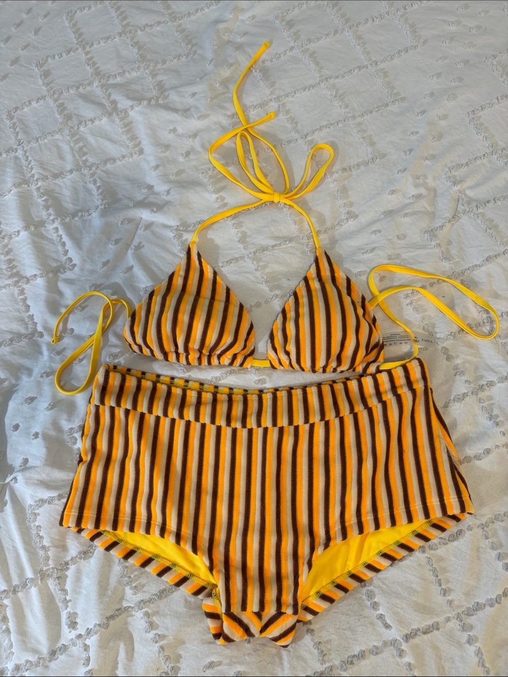 Zaful Yellow Brown Striped terry Women's two piece bathing suit new